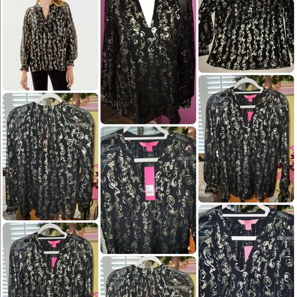 Lilly Pulitzer NWT Angelika Top Onyx Salty Wave Metallic Clip Size XXS - Picture 4 of 9